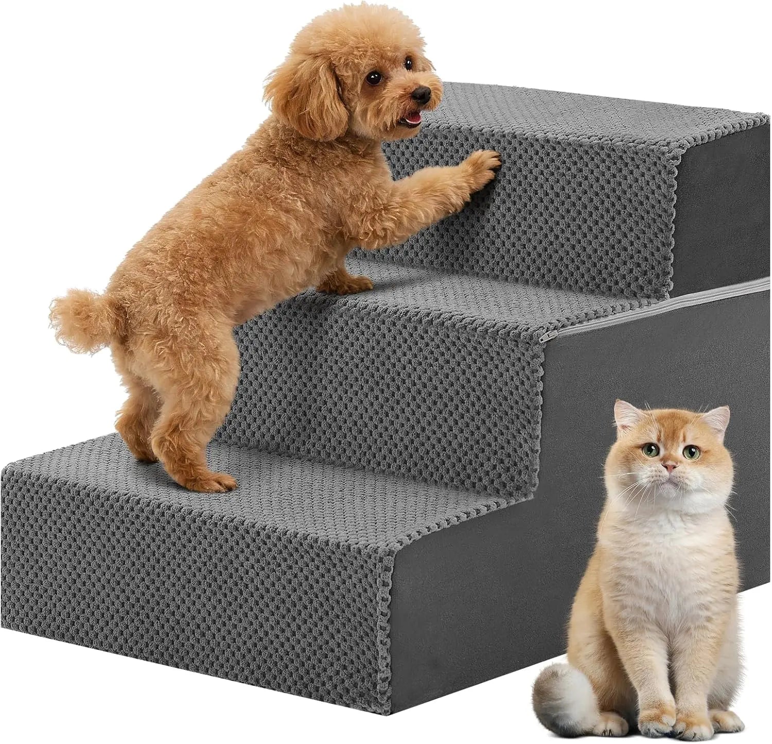 Premium Foldable Pet Stairs & Cozy Bed - 3 to 5 Steps Non-Slip Foam Ramp for Dogs & Cats, Perfect for Couch & Sofa Access